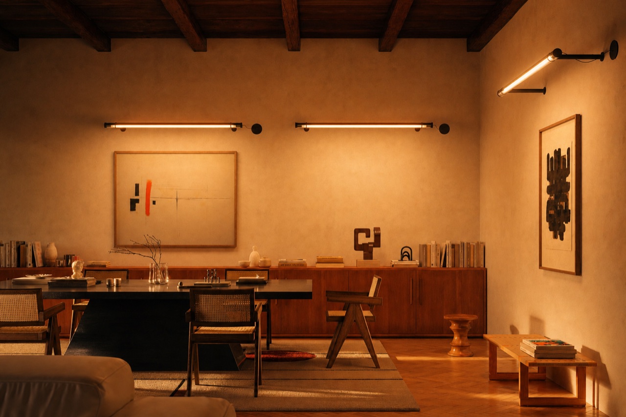 Living and dining room illuminated with very warm 2400K light