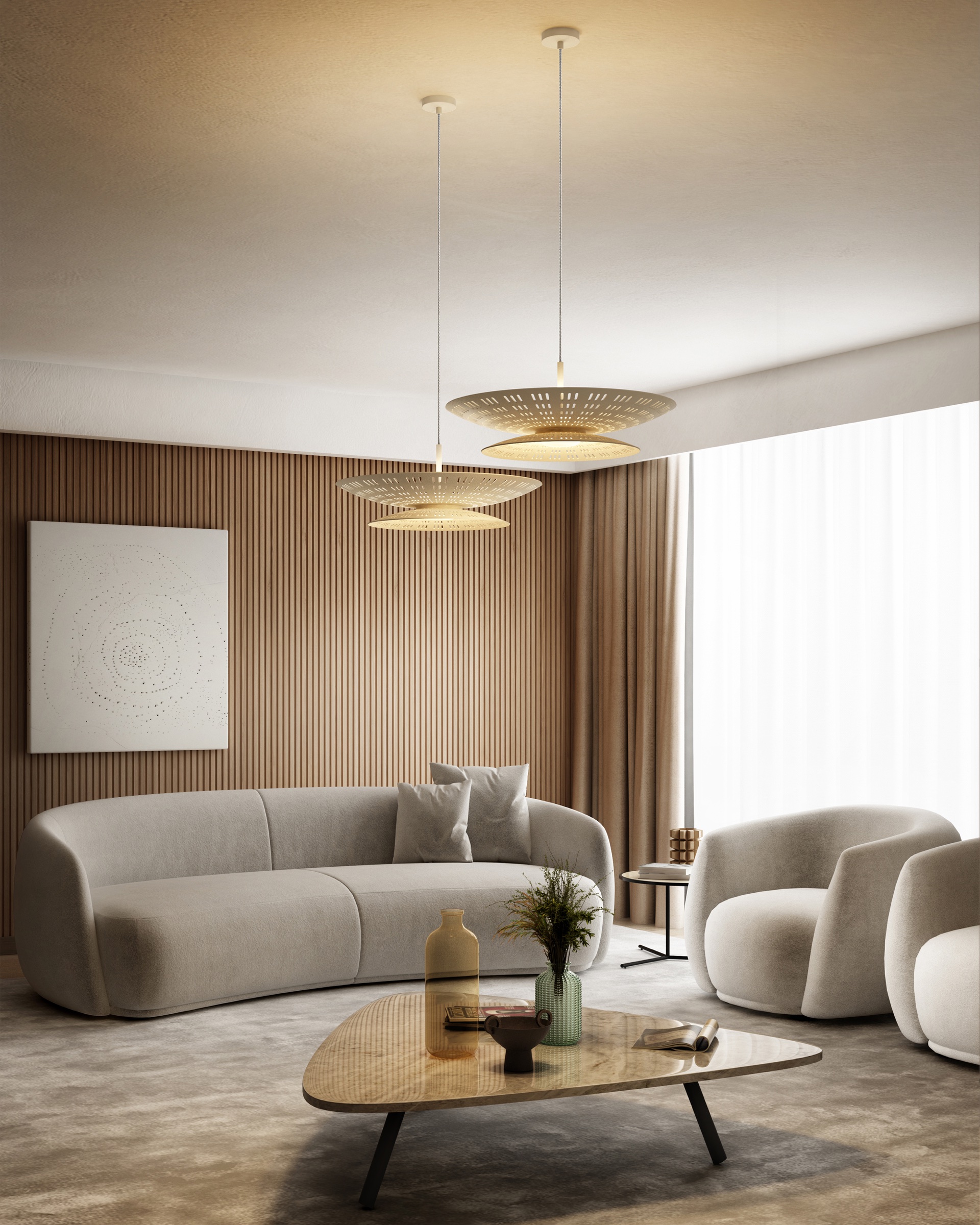 Contardi Air pendant lights illuminating a warm contemporary living room