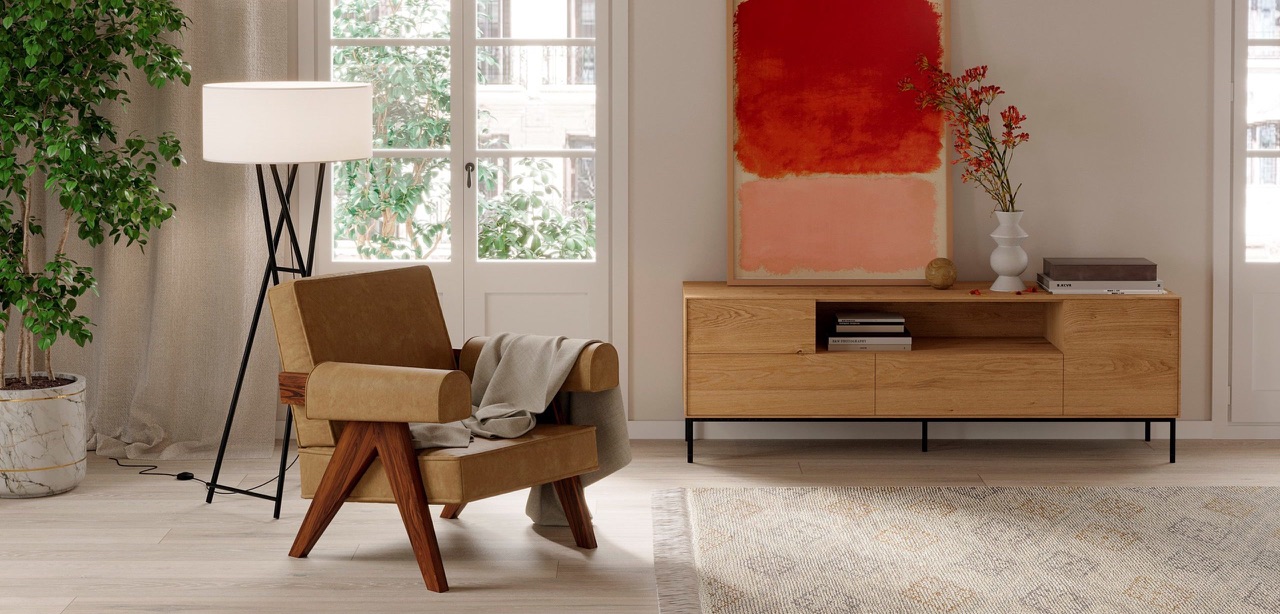 Marset Cala floor lamp photographed in a calm living room with natural materials
